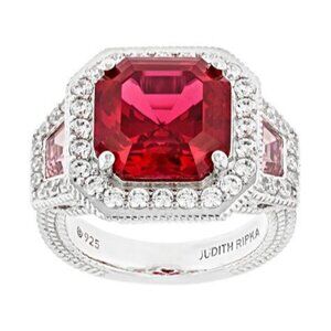 Judith Ripka 8.60CT Asscher Cut Red Ruby Sterling Silver Ring Size 8